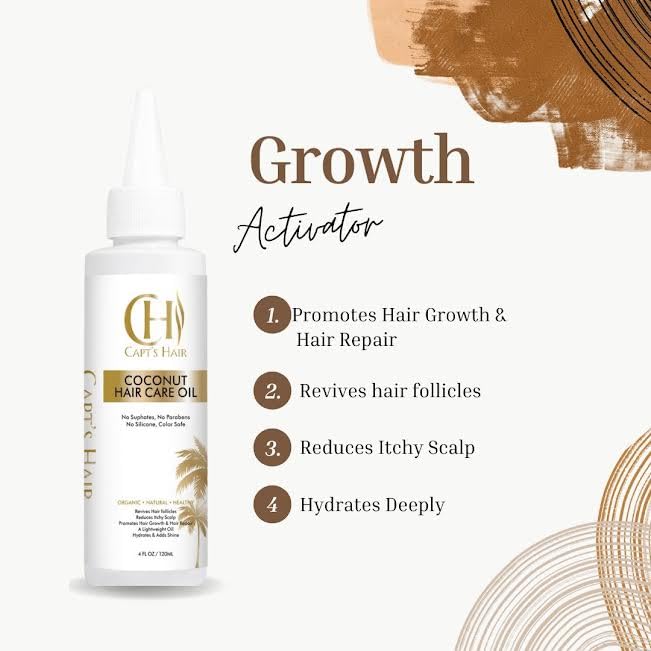 Coconut Hair Care Oil - Organic Coconut Oil for Skin, Hair, and Body, 100% Pure and Natural Hair Oil for Hair Growth, Scalp Nourishment, Damage Repair, and Hydration, Hair Tonic - (4 Fl Oz)