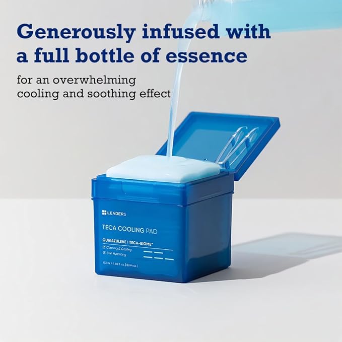 LEADERS Teca Cooling Toner Pad - Instant Relief for Dry, Overheated Skin | Vegan-Certified | Clinically Proven Efficacy | Korean Skincare 80 Pads x 130ml