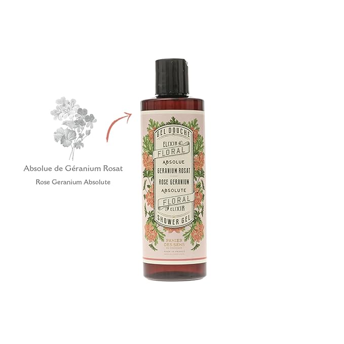 Panier des Sens - Rose Geranium Shower Gel - Foaming Body Wash Women & Men - Moisturizing Body Soap with Glycerin, Olive Oil - 95% Natural Ingredients Body Care - Vegan Liquid Body Wash - 8,45 floz