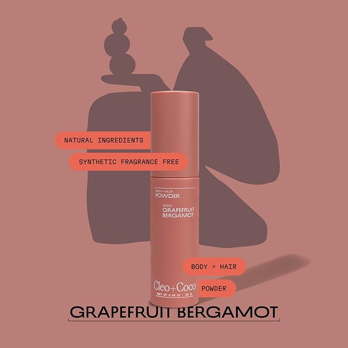 Cleo+Coco - Natural Dry Shampoo Powder - For Body & Hair for Women - Absorb Odor & Sweat - Essential Oils & Arrowroot Powder - Free of Talc & Parabens - PCR - Made in USA - Grapefruit Bergamot 0.88oz