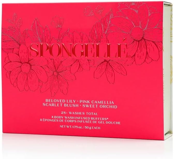 Spongellé Heart Buffer Gift Set | Exfoliating Body Wash Infused Sponges | Sweet Orchid, Scarlet Blush, Lily & Pink Camellia | Perfect for Valentine’s & Mother’s Day