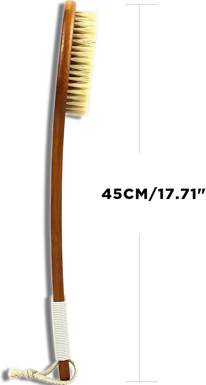 ICANdOIT-17.71Inch Natural Stiff Sisal Bristles Anti-Slip Long Handle Bath Brush,Bent Handle Shower Scrubber for Exfoliating,Shower Back Brush,Exfoliation Set with Pumice Stone(1 Pack)
