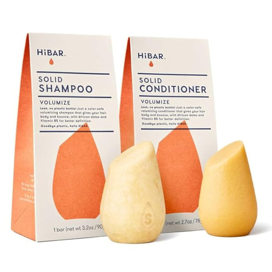 HiBAR - Volumize Shampoo & Conditioner Set - For Fine, Flat Hair - Add Body, Definition & Volume - African Dates & Vitamin B5 - Plastic, Soap, Paraben & Sulfate-Free - Color Safe & Vegan -2 Solid Bars