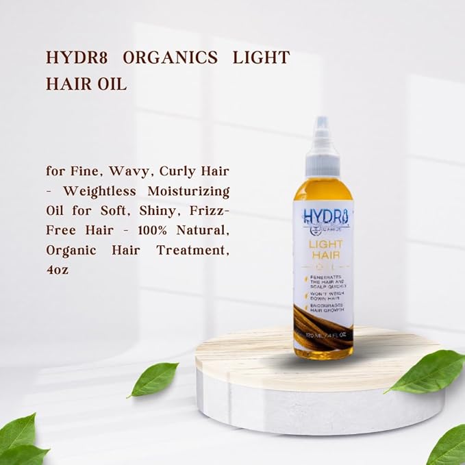 Hydr8 Organics Light Hair Oil for Fine, Wavy, Curly Hair - Weightless Moisturizing Oil for Soft, Shiny, Frizz-Free Hair - 100% Natural, Organic Hair Treatment, 4oz
