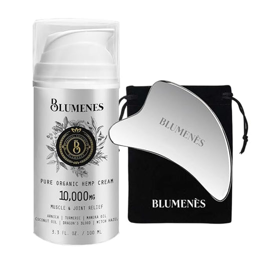 Blumenes - Traditional Gua Sha Tool & 10,000 mg Relief Cream - Post Workout Joint & Muscle Relaxation - Natural Topical Cream for Comfort & Soothing Massager Relief Bundle - 2-in-1 Bundle
