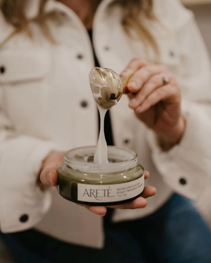 ARETÉ Micro-Exfoliating Scalp Scrub Treatment Masque + Scalp Cleanser, Deep Conditioning Hair Mask for Damaged Hair and Growth, Bamboo Extract + White Willow Bark, Snow Mushroom, Made in USA, 5.3oz