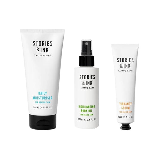 Stories & Ink Tattoo Care | THE ORIGINALS PACK | Fade-Fighting Regimen (Daily Moisturizer + Hydrating Body Oil + Vibrancy Serum) | Completely Hydrates, Highlights and Defines your Ink