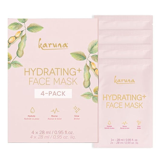 Karuna Hydrating+ Sheet Masks for Well-Moisturized & Hydrated Skin, Glow-Enhancing Face Masks Skin Care Products, Hydrating Facial Masks with Natto, Niacinamide & Sodium Lactate, 4 Sheets