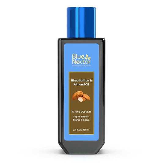 Blue Nectar Saffron & Almond Oil, Ayurveda Product for Crepey Skin | Skin Firming Body Oil for Stretch Marks (12 Herbs, 3.38 Fl Oz)