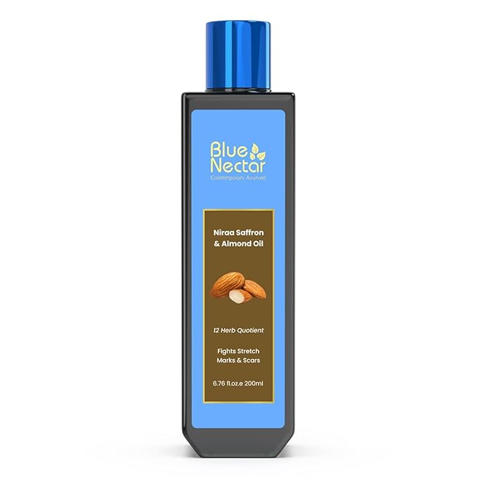 Blue Nectar Saffron & Almond Oil, Ayurveda Product for Crepey Skin | Skin Firming Body Oil for Stretch Marks (12 Herbs, 6.76 Fl Oz)