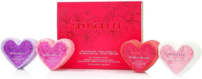 Spongellé Heart Buffer Gift Set | Exfoliating Body Wash Infused Sponges | Sweet Orchid, Scarlet Blush, Lily & Pink Camellia | Perfect for Valentine’s & Mother’s Day