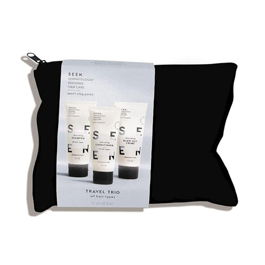 SEEN Travel Trio, Fragrance Free - Non-Comedogenic & Sulfate-Free Blow-Out Hair Cream, Shampoo & Conditioner Set- Reduces Frizz- Heat Protectant- Safe for Sensitive & Eczema Prone Skin