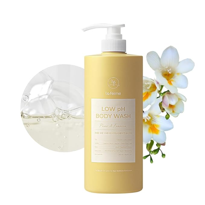 laferme Low pH balanced Gentle Korean Body Wash with Natural & Organic Ingredients, Hypoallergenic for Sensitive Skin, Moisturizing & Hydrating for Dry Skin, For Women & Men, 33 Fl Oz, Pear & Freesia