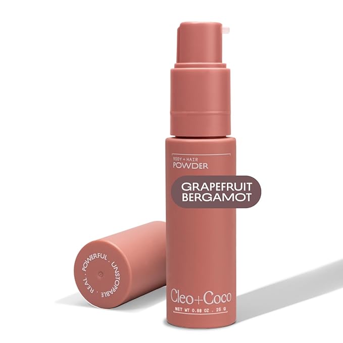 Cleo+Coco - Natural Dry Shampoo Powder - For Body & Hair for Women - Absorb Odor & Sweat - Essential Oils & Arrowroot Powder - Free of Talc & Parabens - PCR - Made in USA - Grapefruit Bergamot 0.88oz