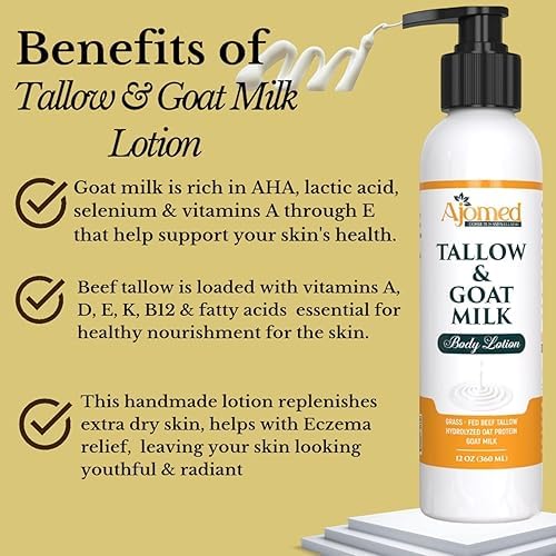Tallow & Goat Milk Body Lotion for Sensitive Skin, Organic moisturizing Lotion - tallow for skin cream, Soothes Dry skin, Goat Milk face and body Moisturizer - Handmade Tallow lotion 12oz (OATMEAL MILK & HONEY) (SANDALWOOD VANILLA)