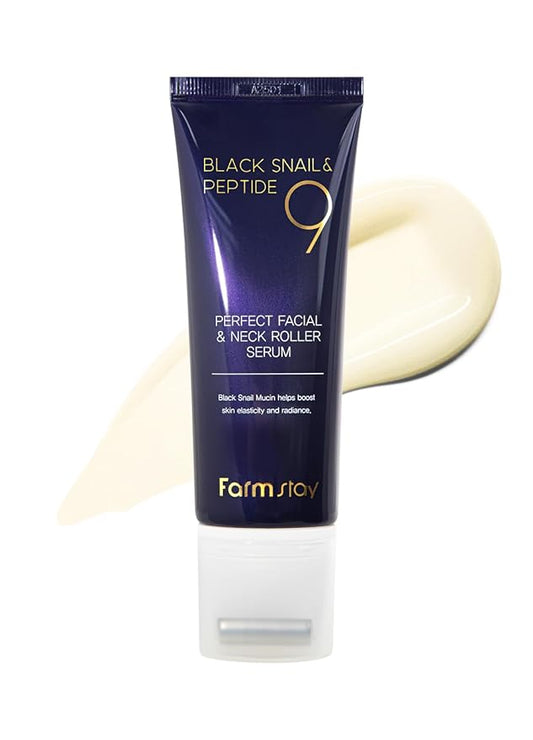 Farmstay Black Snail & Peptide 9 Perfect Facial & Neck Roller Serum – Firming & Lifting, Deep Hydration & Skin Elasticity, Snail Mucin & 9 Peptides for Youthful Glow & Smooth Skin, 100ml