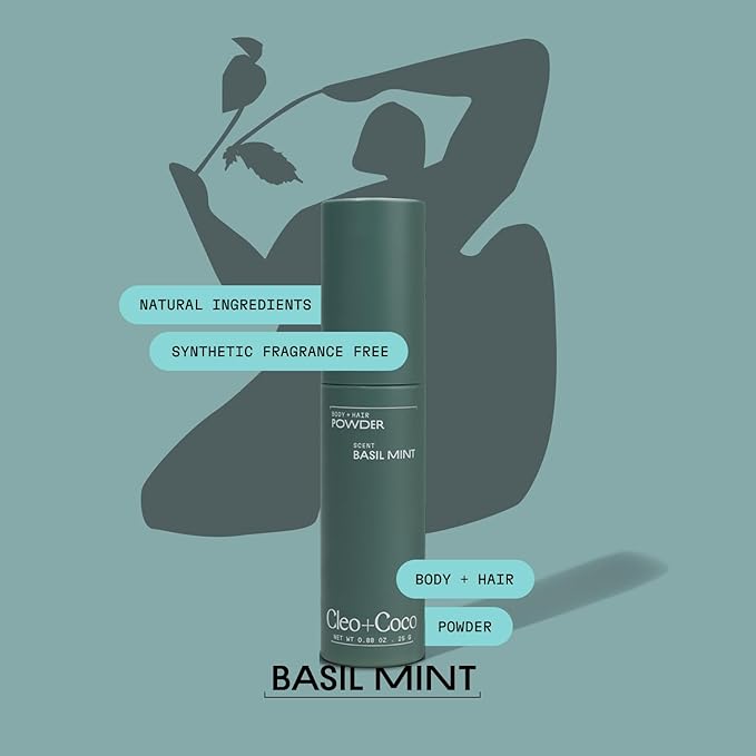 Cleo+Coco - Natural Dry Shampoo Powder - For Body & Hair - For Women - Absorbs Odor & Sweat - Essential Oils & Arrowroot Powder - Free of Talc & Parabens - PCR - Made in USA - Basil Mint - 0.88oz