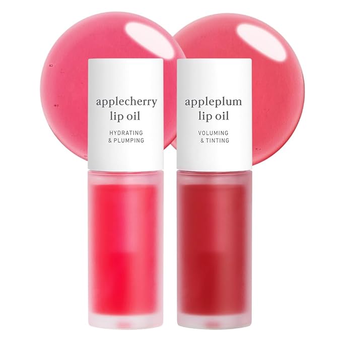 NOONI Vegan Appleseed Lip Oil Set - Applecherry & Appleplum | Long-Lasting, Moisturizing, Plumping, Revitalizing for Dry Lips, Waterproof, No Peel Off, Korean Tint, 0.12 FL Oz x 2ea