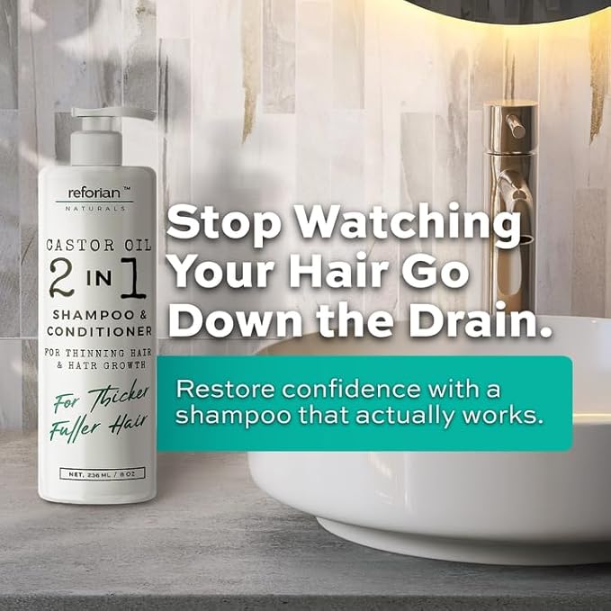 Castor Oil 2-in-1 Shampoo and Conditioner – Strengthen & Restore Hair | Clean, Sulfate-Free Formula for Thinning, Dry, or Color-Treated Hair | Volume, Softness & Scalp Health | 8oz