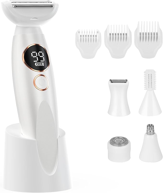Bikini Trimmer for Women, Rechargeable 4H Use Electric Razors for Women with LED Display Painless 5 in 1 Facial Nose Pubic Hair Removal IPX7 Waterproof Body Shaver for Leg Armpit Eyebrows Femal Gift