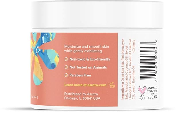 ASUTRA Dead Sea Salt Essential Oil Body Scrub Exfoliator (Vitamin C), 16 oz - Ultra Hydrating, Gentle, & Moisturizing - Coconut, Sweet Orange, Grapefruit, and Lemon Oils – Pink Himalayan Salt