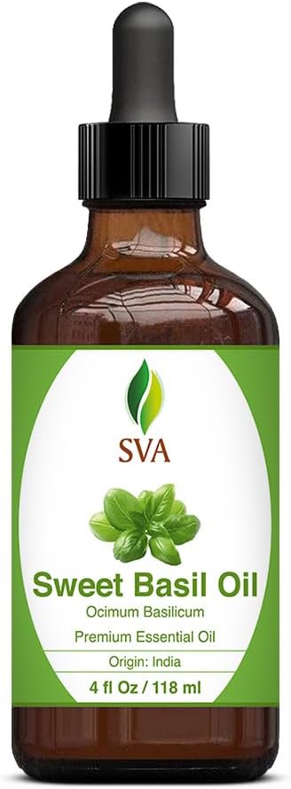 SVA Sweet Basil Essential Oil – 4 Fl Oz – 100% Natural Basil Oil - for Diffuser, Hair Care, Face, Skin Care, Aromatherapy, Scalp and Body Massage, Soap and Candle Making – with Dropper