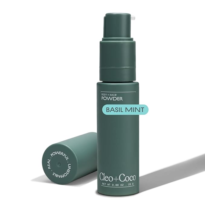 Cleo+Coco - Natural Dry Shampoo Powder - For Body & Hair - For Women - Absorbs Odor & Sweat - Essential Oils & Arrowroot Powder - Free of Talc & Parabens - PCR - Made in USA - Basil Mint - 0.88oz