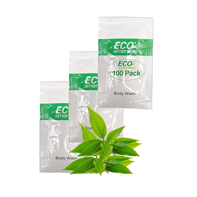 ECO amenities Body Wash Individual Bulk Sachets - 0.35 fl oz (10 ml), Pack of 100, Green Tea Scent - Cruelty-Free TSA-Approved Leak-Proof Bulk Shower Gel & Mini Travel Liquid Soap Packets