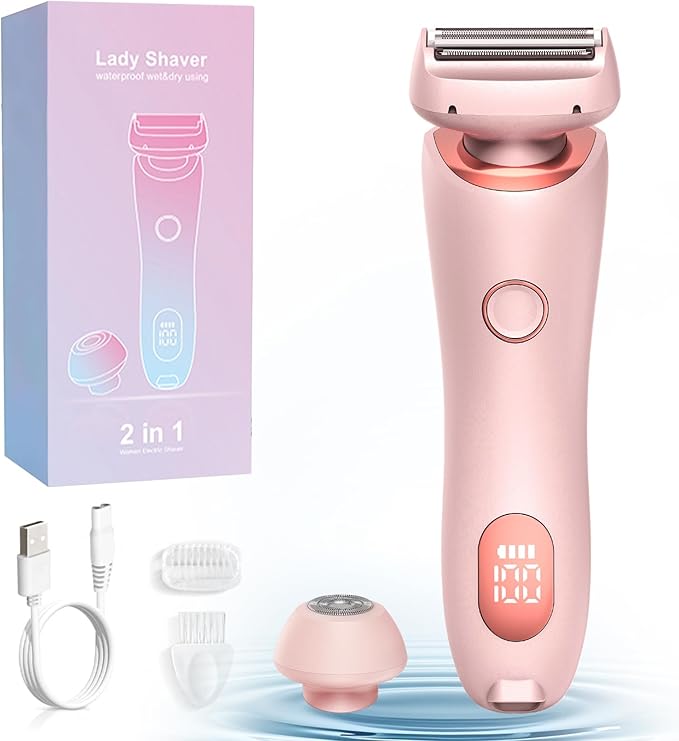 Livora Electric Shaver for Women, 2 in 1 Wet & Dry Bikini Trimmer with 2 Removable Heads, The Glide Pro 3.0 Razor, Painless Hair Removal for Bikini, Legs, Underarms, Body (Pink)