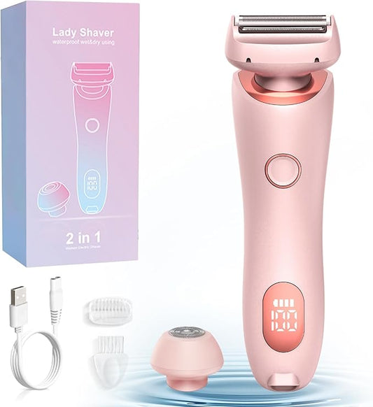 Livora Electric Shaver for Women, 2 in 1 Wet & Dry Bikini Trimmer with 2 Removable Heads, The Glide Pro 3.0 Razor, Painless Hair Removal for Bikini, Legs, Underarms, Body (Pink)