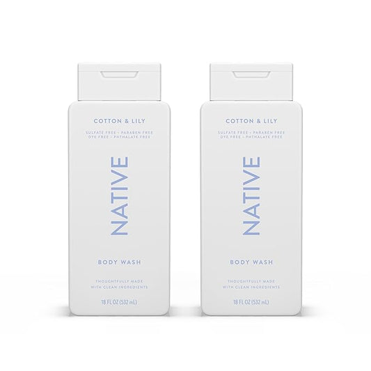 Native Body Wash Contains Naturally Derived Ingredients | For Women & Men, Sulfate, Paraben, & Dye Free Leaving Skin Soft and Hydrating | Cotton & Lily 18 oz - 2 Pk