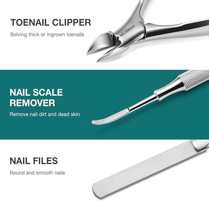 MR.GREEN Pedicure Knife Set Professional Ingrown Toenail Clippers Foot Care Tools Stainless Steel Nail Cuticle Nippers Remover Kits (7 Pcs Set Contain Nail Clipper)