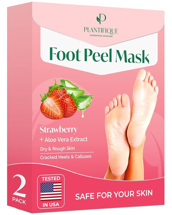 PLANTIFIQUE Foot Peeling Mask 2 Pack | Dermatologically Tested Repairs Heels & Removes Dry Dead Skin for Baby Soft Feet | Exfoliating Foot Peel Mask for Dry Cracked Feet | Strawberry