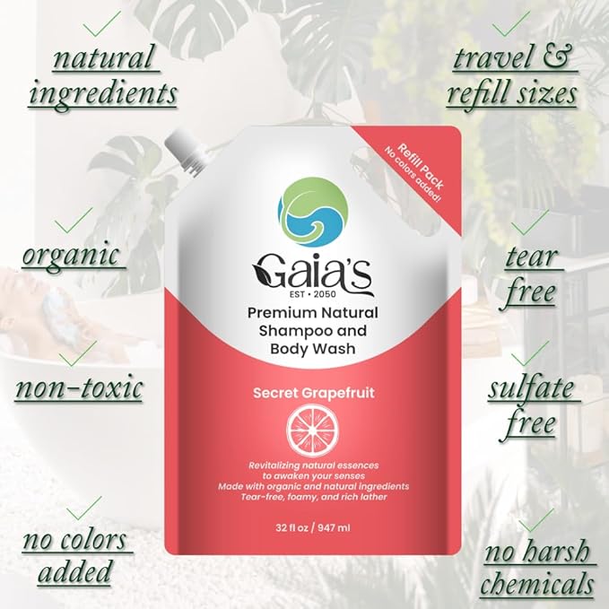 GAIA'S Natural Body Wash and Shampoo Grapefruit, Bulk Refill Size, 64 Fl Oz, Sulfate Free, Paraben Free, Dye Free, Tear Free, Organic and Natural Ingredients, PH Balance Feminine