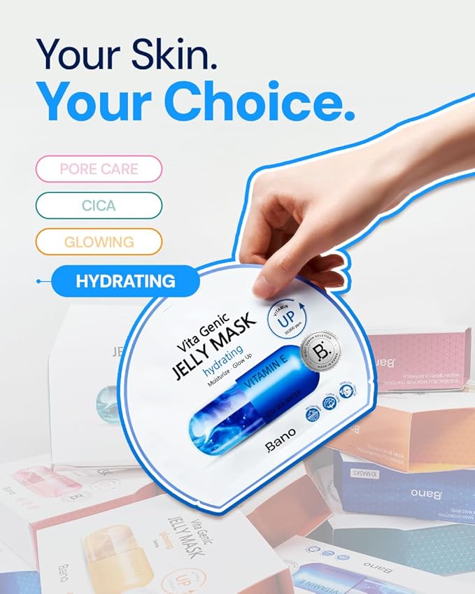 Bano Vita Genic Jelly Face Hydrating Mask 10EA – Firming Sheet Mask for Sensitive Skin, Korean Glass Skin Care with Mineral Water, Vitamin C & Niacinamide, Fragrance-Free, Pack of 2