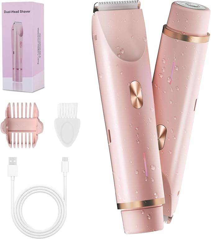2-in-1 Bikini Trimmer for Women, Bikini Shaver with Dual Heads, Painless Body and Facial Hair Removal, Rechargeable Cordless Electric Razors for Face Chin Pubic Underarm Legs, IPX7 Waterproof, Pink