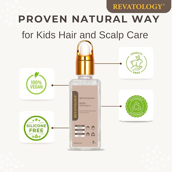 REVATOLOGY Kids Hair Growth & Conditioning Serum (Made in USA) Clinical Leave-in Formula with 30 botanicals for Scalp Care, anti-dandruff, anti-frizz for all hair types | Chemical & Cruelty free