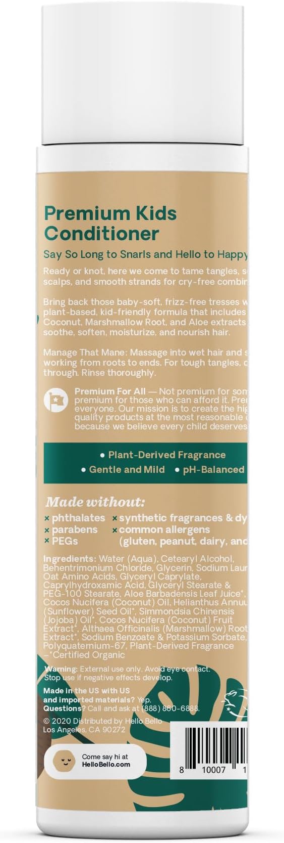 Hello Bello Kid's Conditioner - Hypoallergenic, pH-Balanced & Dermatologist-Tested - Thoughtful Ingredients - Coconut, 10 Fl Oz (2 Pack)