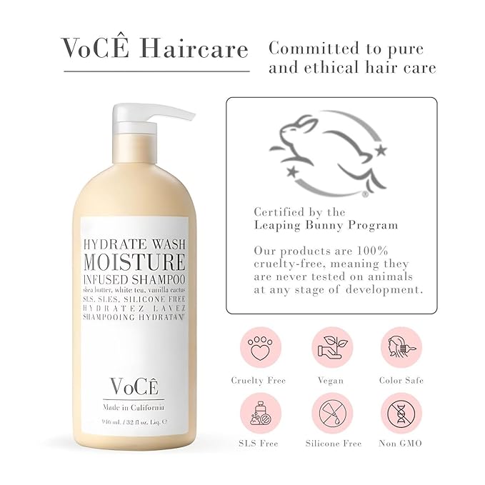 VoCÊ Natural Hydrating Shampoo for Dry, Frizzy Hair | Moisture-Infused Vegan Shampoo for Normal to Thick Hair - Non-Toxic, Cruelty-Free with Shea Butter, White Tea, Vanilla Cactus (32 oz | 946 ml)