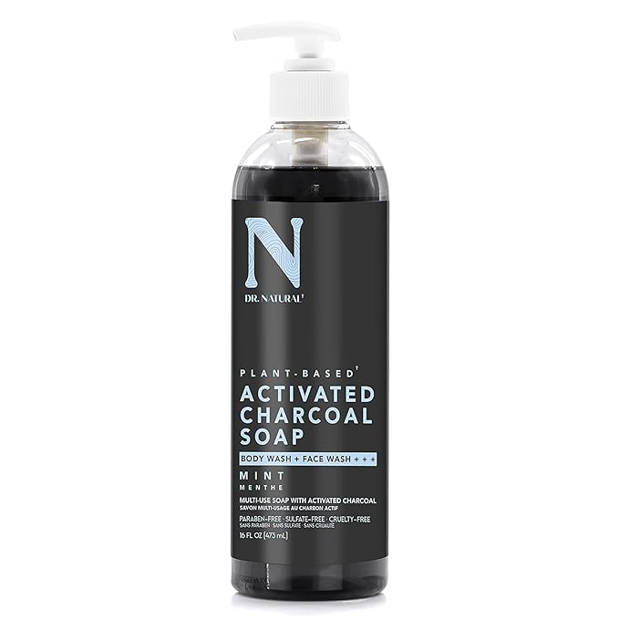 Dr. Natural Activated Charcoal Liquid Soap - Combat Acne and Blemishes - Deep Cleansing Body Wash - Gentle Body Soap for Clear Skin - Mint - 16 oz..