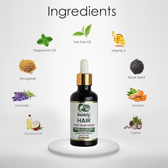Seddy Itchy Scalp Relief Hair Oil - Scalp Treatment Oil, Instant Soothe, Anti Dandruff with Tea Tree & Peppermint Oil - Relieve Itchy, Dry Scalp - All Hair Types -For Men, Women, & Kids -1.7 Fl. Oz