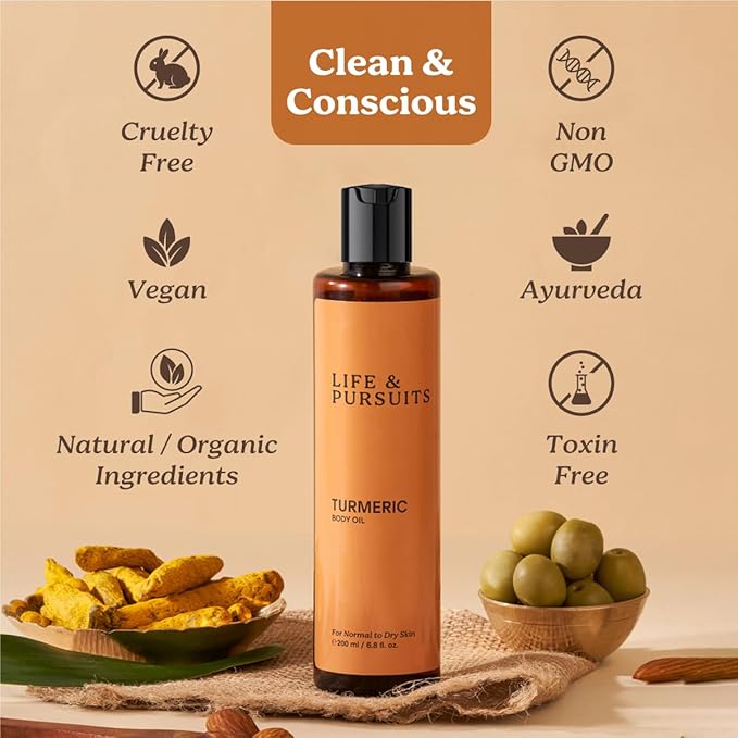 Life & Pursuits Turmeric Body Oil 6.8 Fl Oz X 2- Ayurvedic Natural Body Massage Oil with Vitamin E, Coconut Oil, Almond & Squalane| Reduces Dark Spots, Brightens Skin, Hydrates & Moisturizes Dry Skin