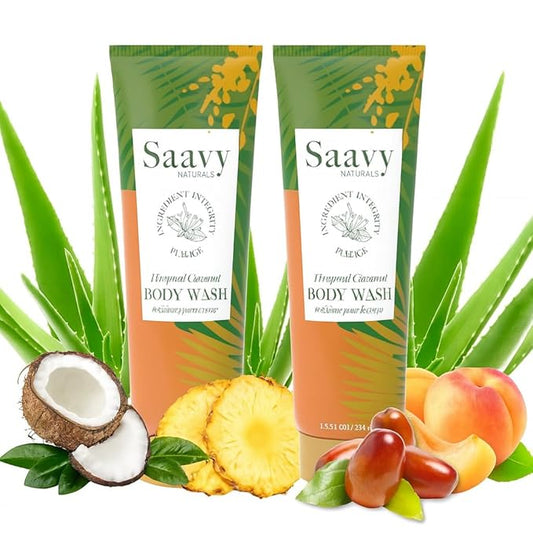 Saavy Naturals Tropical Coconut Body Wash, Moisturizing Shower Gel for Men & Women, Vegan Formula with Coconut Oil, Shea Butter, and Aloe Vera - 8.5 Fl Oz, 2 Pack Made in the USA