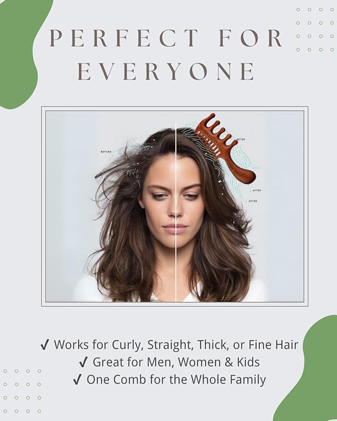 Wooden Scalp Massager Comb – Natural Wood Wide & Fine Tooth with Handle for Hair Growth, Scalp Care & Stress Relief – Detangling Tool for All Hair Types