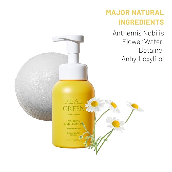 RATED GREEN - Real Green Natural Kids/Baby Shampoo - Moisturizing and Soothing with Organic Chamomile, Betaine, and Xylitol, Allergen-free and Natural Fragrance - 10.14 fl. Oz. 300ml