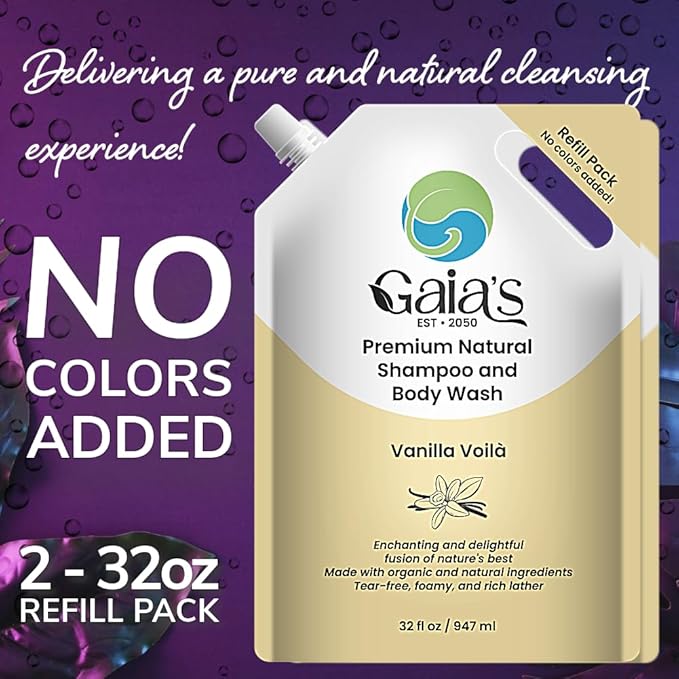 GAIA'S Natural Body Wash and Shampoo Vanilla, Bulk Refill Size, 64 Fl Oz, Sulfate Free, Paraben Free, Dye Free, Tear Free, Organic and Natural Ingredients, PH Balance Feminine