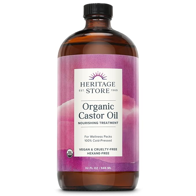 HERITAGE STORE Organic Castor Oil - Glass Bottle - Nourishing Treatment for Hair and Skin - Hair Oil, Eyelash Serum for Eyelashes, Brows, Castor Oil Packs - Cold Pressed, Hexane Free, Vegan 32oz