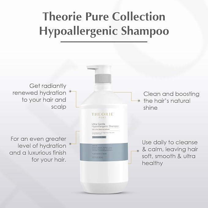 Theorie PURE Ultra Gentle Hypoallergenic Shampoo – Plant-Based & Vegan – Fragrance Free – Designed for Delicate Scalps – Pump Bottle – 27 fl oz (1 Pack)