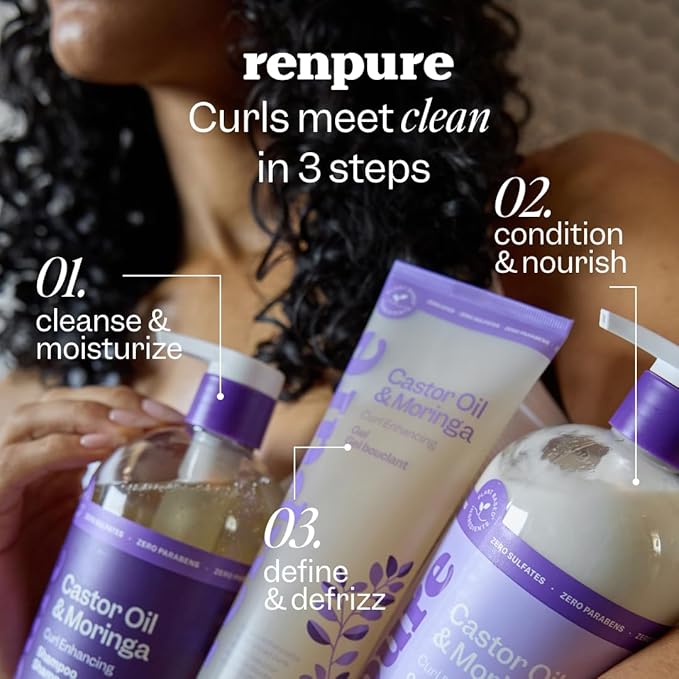 Renpure Castor Oil & Moringa Shampoo & Conditioner Set, Plant-Based - Curl Enhancing - Moisturized, Manageable & Frizz-Free Curls - Castor & Moringa Seed Oil - Wavy to Curly Hair-24 Fl Oz each,2 Pack
