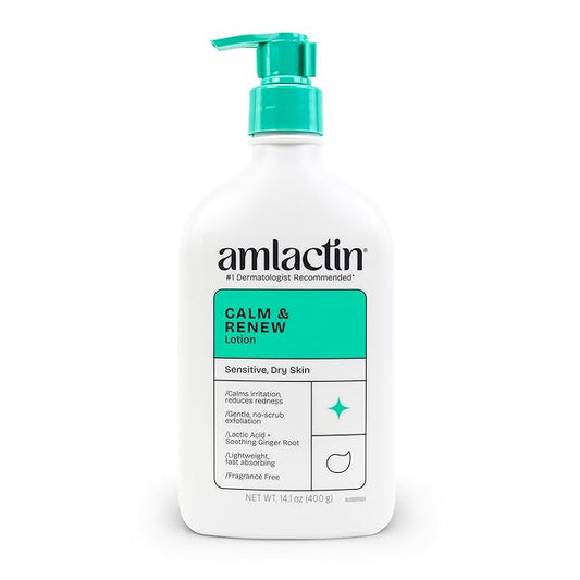 AmLactin Calm & Renew Lotion, 14.1 oz - Therapeutic Body and Face Moisturizer for Sensitive Skin - Exfoliator and Body Lotion for Dry Skin with Lactic Acid AHA and Soothing Ginger Root
